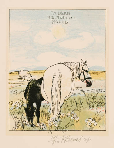 Exlibris by Karel Benes from Czech Republic for Ing. Bohumil Holub - Horse Scenery/Landscape 