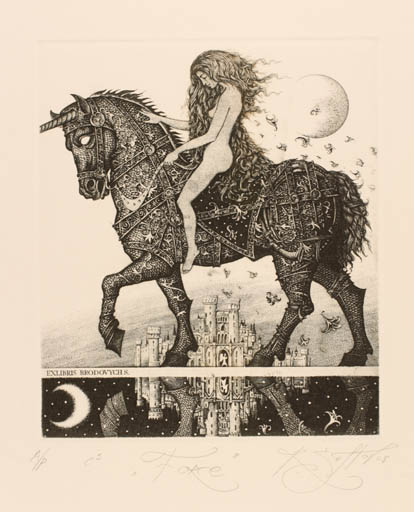 Exlibris by Roman Nikolaevich Sustov from Belorussia for Sergei Brodovych - Horse Woman Horseman/Rider 