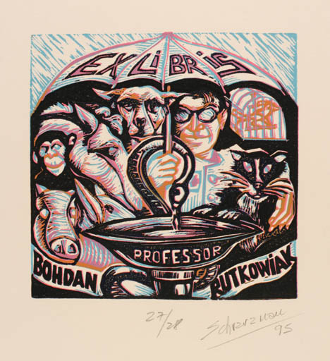 Exlibris by Mauricio Schvarzman from Argentina for Bohdan Rutkowiak - Fauna Man 