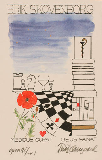 Exlibris by Fritz Overgaard from Denmark for Erik Skovenborg - Flower Book Medicine Sport/game 