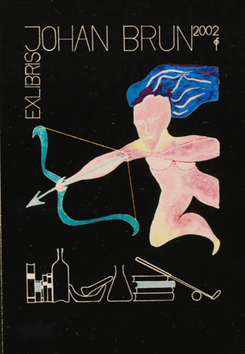 Exlibris by Fritz Overgaard from Denmark for Johan Brun - Book Fable Animal Pharmacy Sport/game Wine 