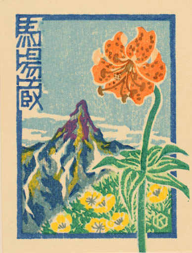 Exlibris by Hiroshi Kawabe from Japan for ? ? - Mountain Flower Scenery/Landscape 