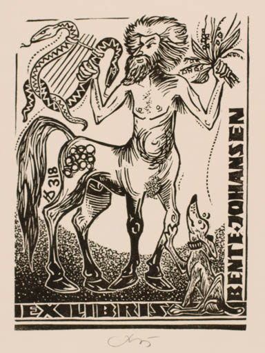 Exlibris by Bohdan Rutkowiak from Poland for Bente Johansen - Fable Animal Dog 