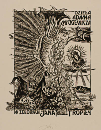 Exlibris by Bohdan Rutkowiak from Poland for Dziela , Adama, Wzbiorash, Jana Tropily Mickiewitza - Drama Death Horse 