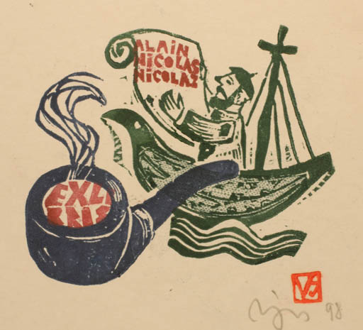 Exlibris by Valerijonas Vytautas Jucys from Lithuania for Alain,  Nicolas Nicolaz - Man Ship/Boat 