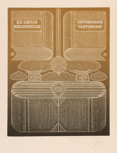 Exlibris by Vello Vinn from Estonia for Bibliothecae Universitatis Tartuensis - Book Owl 