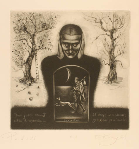 Exlibris by Ewa Kutylak from Poland for E. K. - Dog Man Tree 