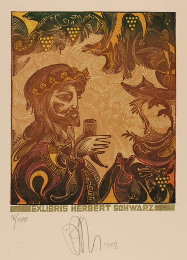 Exlibris by Ruslan Agirba from Russia for Herbert Schwarz - Man Wine 