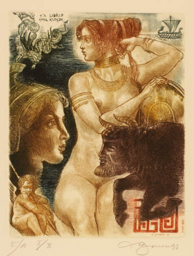 Exlibris by David Bekker from Ukraine for Dr. Emil Kunze - Europa and the Bull Woman Nude 