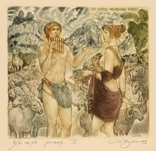 Exlibris by David Bekker from Ukraine for Hildegard Rungs - Classical antiquity Mountain Fauna Couple 