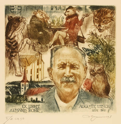 Exlibris by David Bekker from Ukraine for Armand Bohr - Fauna Cat Church Portrait Butterfly 