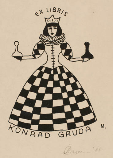 Exlibris by Natalija Chernetsova from Latvia for Konrad Gruda - Woman Sport/game 