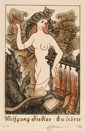 Exlibris by Natalija Chernetsova from Latvia for Wolfgang Fiedler - Fable Animal Woman Nude Pan/Faun Owl 