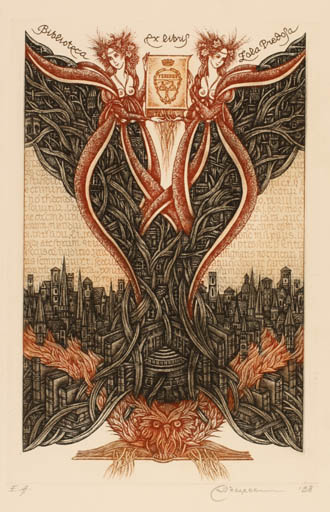 Exlibris by Natalija Chernetsova from Latvia for Biblioteca Zola Predosa - City Woman Owl 
