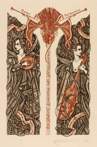 Exlibris by Natalija Chernetsova from Latvia for Rosellae Remo Pamirani - Woman Music 