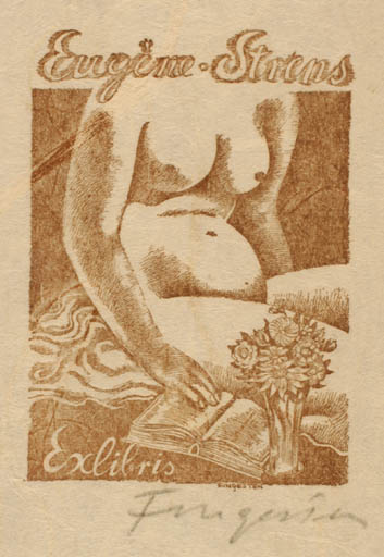 Exlibris by Michael Fingesten from Germany for Eugene Strens - Book Woman Nude 