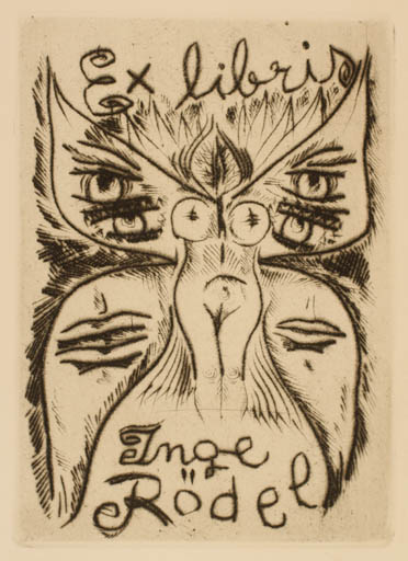 Exlibris by Olga Cechova from Czechoslovakia for Inge Rödel - Woman Butterfly Surrealism 