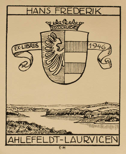 Exlibris by Ebba Holm from Denmark for Ahlefeldt Laurvigen - Heraldry Scenery/Landscape 