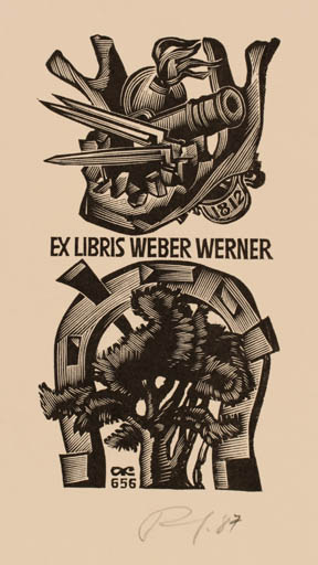 Exlibris by Anatolij Kalaschnikow from Russia for Weber Werner - Tree Weapon 