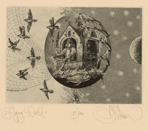 Exlibris by Konstantin Kalynovych from Ukraine for Henk C. Weltje - Bird Cosmos Surrealism 