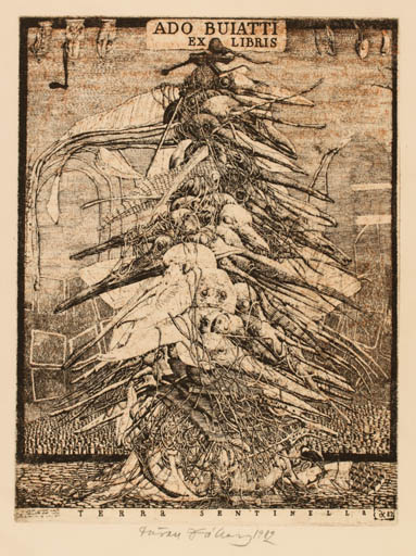 Exlibris by Dusan Kallay from Czechoslovakia for Ado Buiatti - Bird Surrealism 