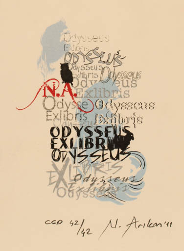 Exlibris by Nurgül Arikan from Turkey for Nurgül Arikan - Fauna Mythology Text/Writing Owl 