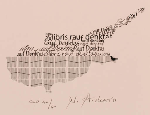 Exlibris by Nurgül Arikan from Turkey for Rauf Denktas - Bird Text/Writing 