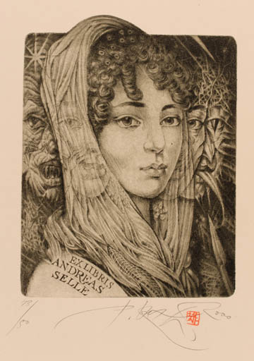 Exlibris by Peter Kocak from Slovak Republic for Andreas Selle - Woman Portrait 