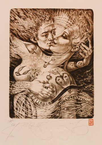 Exlibris by Peter Kocak from Slovak Republic for Marian Potrok - Hand(s) Couple Romance 