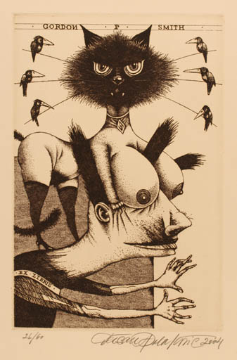 Exlibris by Dusan Polacovic from Slovak Republic for Gordon P. Smith - Bird Cat Woman Man Surrealism 