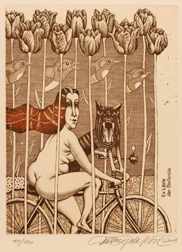Exlibris by Dusan Polacovic from Slovak Republic for Jan Stefancik - Bird Dog Woman 