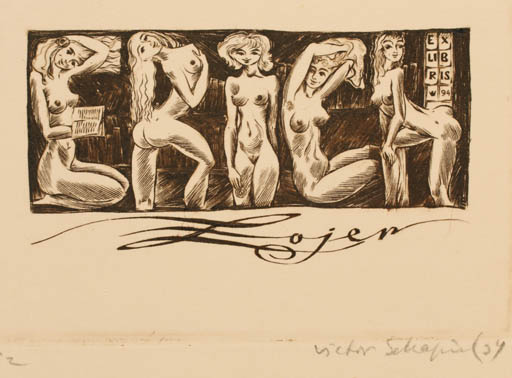 Exlibris by Victor Schapiel from Austria for Erich Zojer - Group Woman Nude 