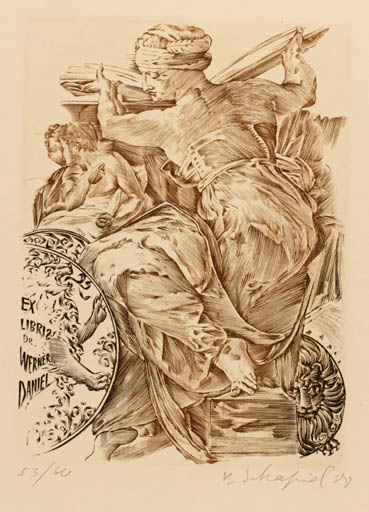 Exlibris by Victor Schapiel from Austria for Dr. Werner Daniel - Child Book Fauna Woman 