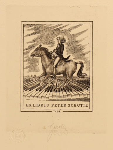 Exlibris by Tadeusz Szumarski from Poland for Peter Schotte - Horse Music Horseman/Rider 
