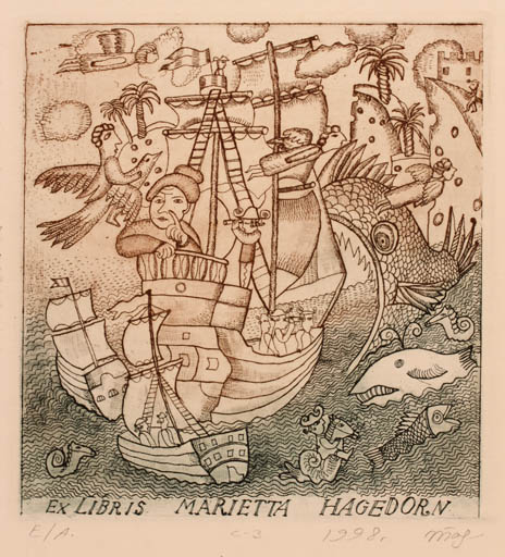 Exlibris by Ivan Tarasjuk from Russia for Marietta Hagedorn - Fairytale/fable Fish Maritime Ship/Boat 