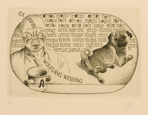Exlibris by Erhard Beitz from Germany for Wolfgang Wissing - Dog Man Text/Writing 