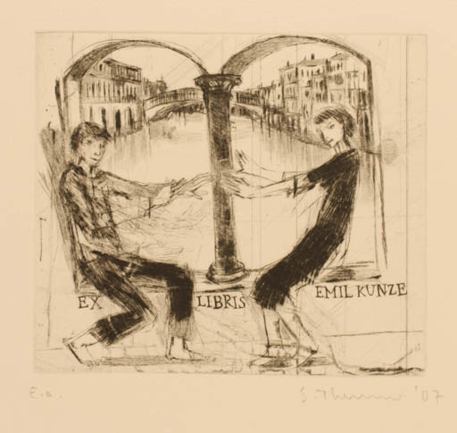 Exlibris by Susanne Theumer from Germany for Dr. Emil Kunze - City Couple 