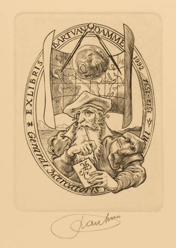 Exlibris by Frank-Ivo van Damme from Belgium for Bart van Damme - Globe Historical Person Portrait 