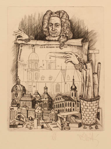 Exlibris by Zoltan Vén from Hungary for Georg Meussgeir - Working Architecture Man Portrait 