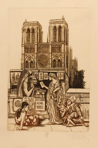 Exlibris by Zoltan Vén from Hungary for Alma Petz - Architecture City Church Art 