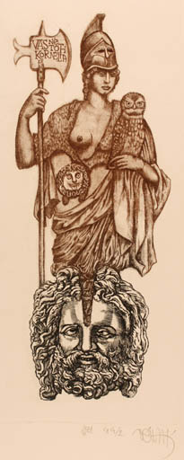Exlibris by Zoltan Vén from Hungary for Kornèlia Vasnè Tòth - Woman Mythology Owl 