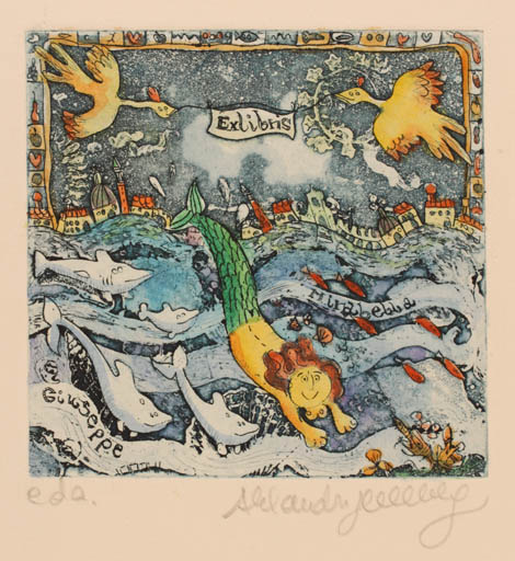 Exlibris by Alexandra von Hellberg from Italy for Giuseppe Mirabella - Fish Bird Mermaid Maritime 