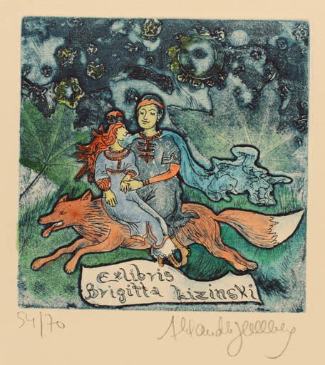 Exlibris by Alexandra von Hellberg from Italy for Brigitta Lizinski - Fairytale/fable Fauna Couple Romance 
