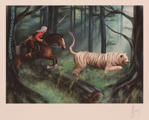 Exlibris by Aleksandra Jagodzinska from Poland for Ryszarda Raszkiewicza - Fairytale/fable Fauna Flora Horseman/Rider Tree 
