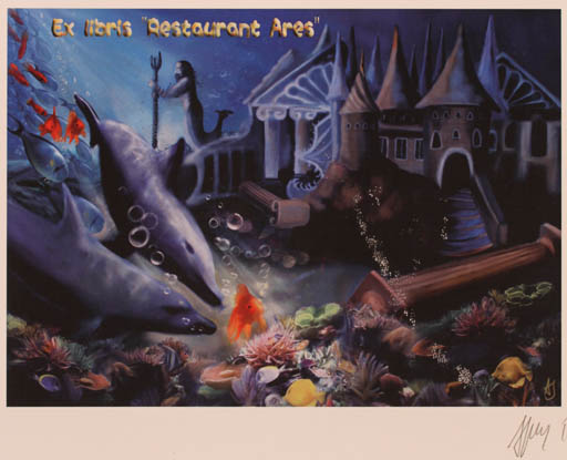 Exlibris by Aleksandra Jagodzinska from Poland for ? Restaurent Ares - Architecture Fairytale/fable Fish Maritime 