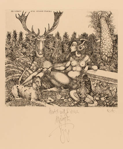 Exlibris by Harry Jürgens from Germany for Sussi Kolar Plicka - Fauna Dog Mythology Forest 