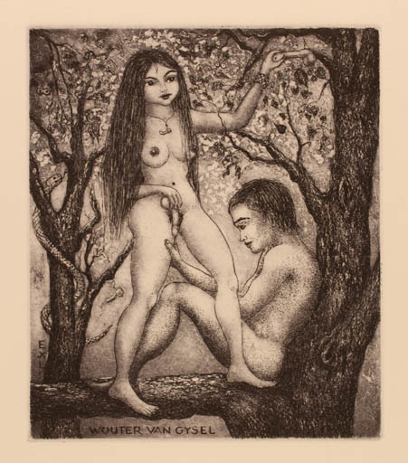 Exlibris by Patricia Nik-Dad from France for Wouter Van Gysel - Erotica Fauna Woman Man Nude 