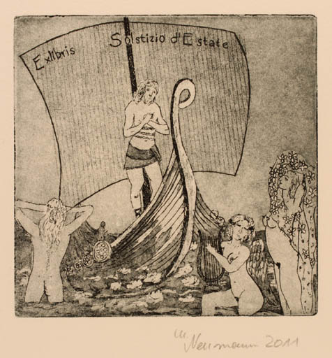 Exlibris by Marlene Neumann from Germany for ´d Estate Solstizio - Maritime Mythology Ship/Boat 