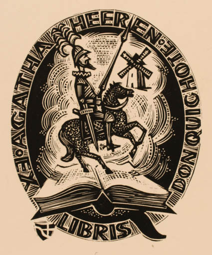 Exlibris by Jerzy Druzrycki from Poland for Agatha Heeren - Book Don Quijote Mill Knight 