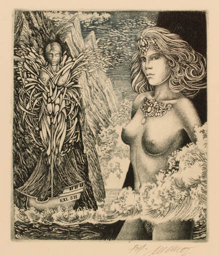 Exlibris by Josef Dudek from Czechoslovakia for Jiri Hruska - Woman Nude Ship/Boat Surrealism 